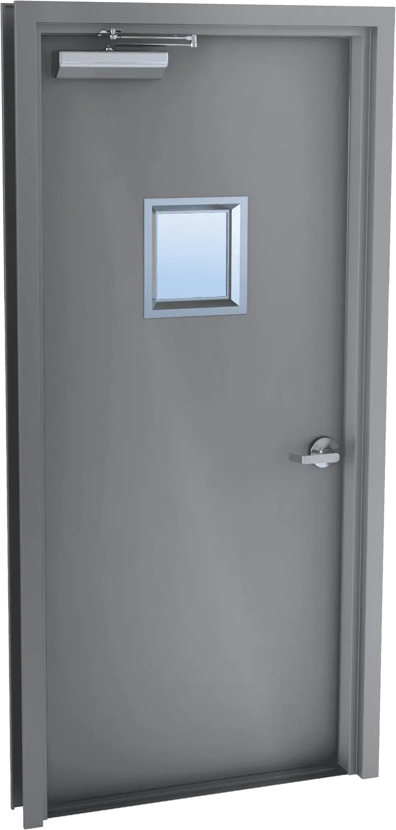 Single metal door with 12 by 12 window at head height, a closer, and a lever set
