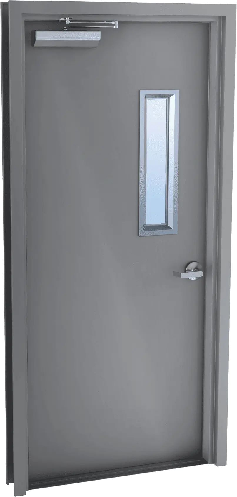 Single metal door with 6 by 27 glass kit, closer, and lever set