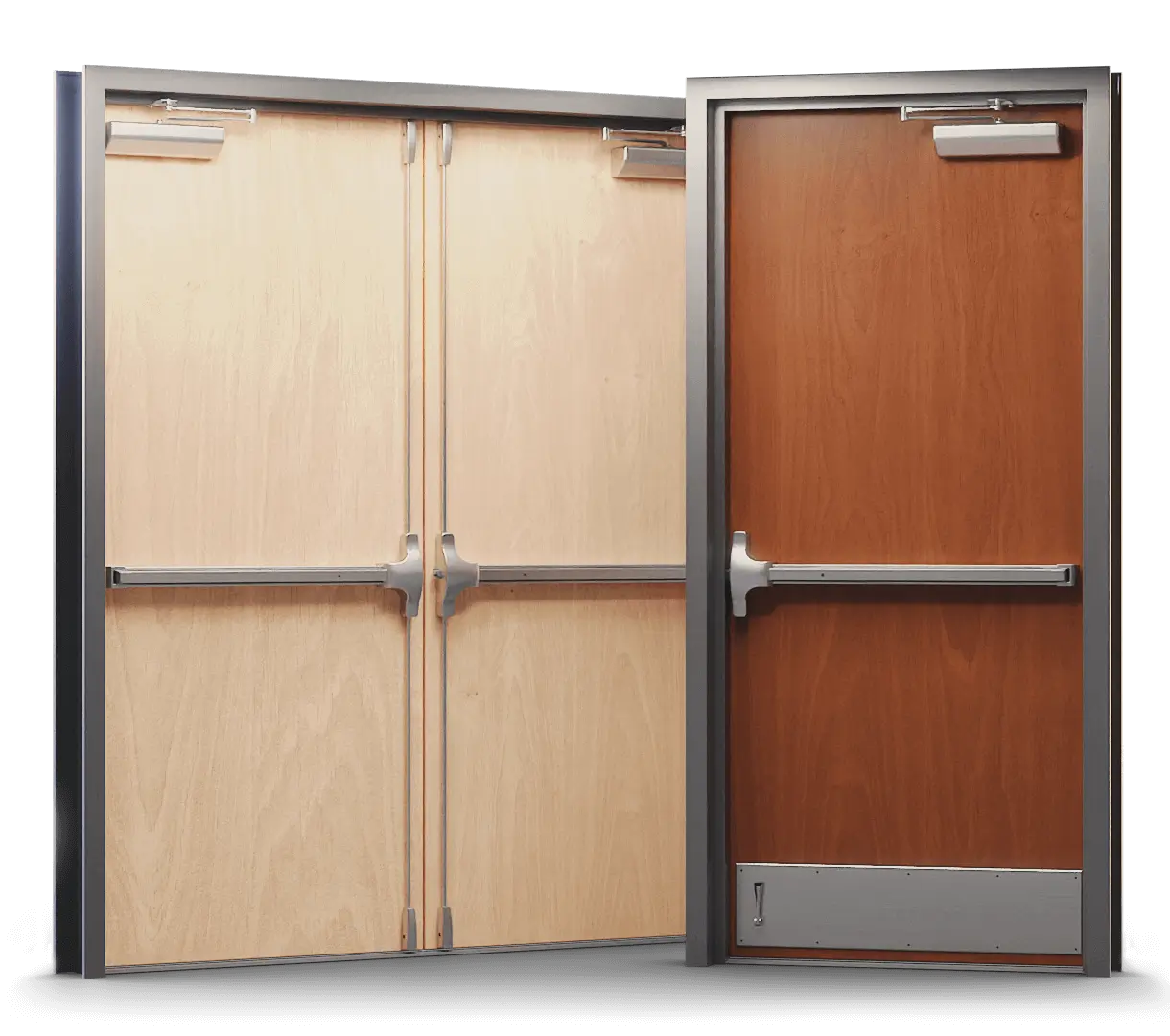 Single and double wood door. Double door on left, angled to center, with clear pre-finish. Single door on right, angled to center and overlapping small portion of double door, in Mahogany stain