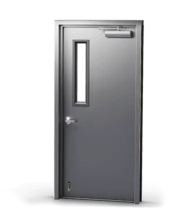 single metal door with 6 by 27 glass kit, closer, lever set, and kick down door holder