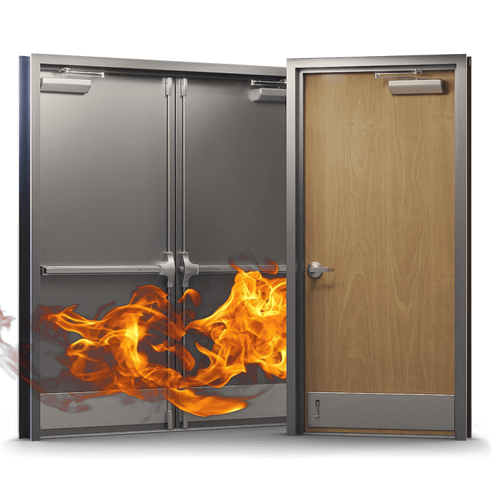 Double metal doors with exit device, closer, and kick plate on left, angled to center. Single wood door with lever set, closer, kick plate, and door stop on right, angled to center and overlapping small portion of metal doors. Image of flames curl in front of the metal door.