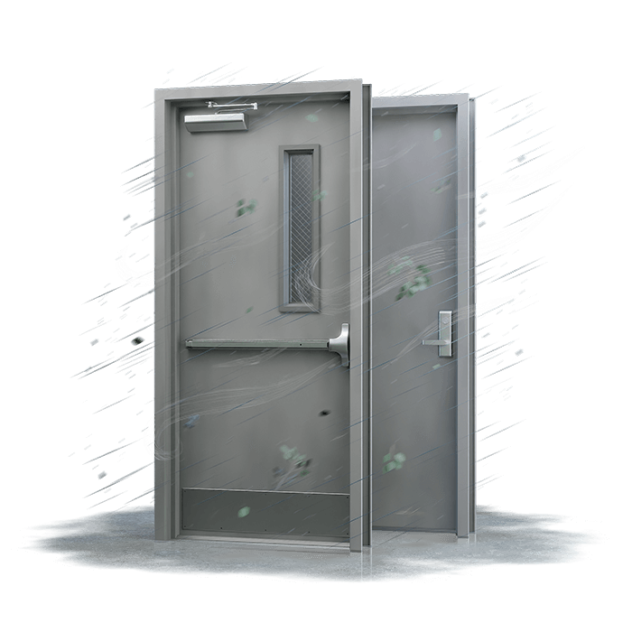 Two single metal doors overlapped with different hardware options for closers, lever sets, kick plates, and exit devices with swirling wind, leaves, and water around and under the doors