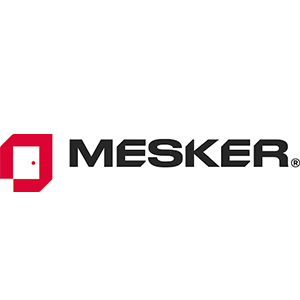 Mesker icon and word mark logo. Icon in red; word mark in black