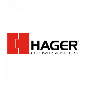 Hager Companies icon and word mark logo; icon in red; word mark in black