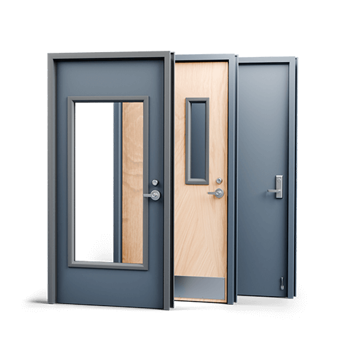 Branded commercial door options, metal ceco door with lite kit, masonite wood door with lite kit, curries metal door