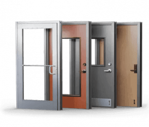 Four door options shown in three quarter view, partially overlapping with a shadow. In order from left to right, Storefront door, Wood door with glass, Metal door with glass, and Wood door with Mortise lock set.