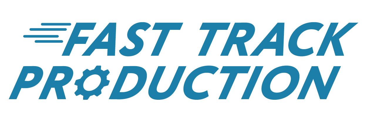 Word mark in blue that reads 'Fast Track Production' and is embellished with graphical details